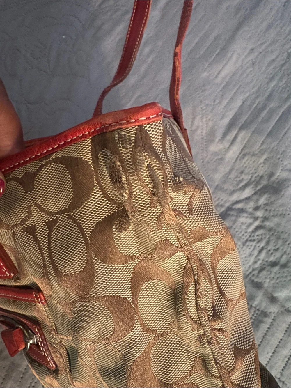 Coach Brown Signature Canvas Tote with Red Leather Trim